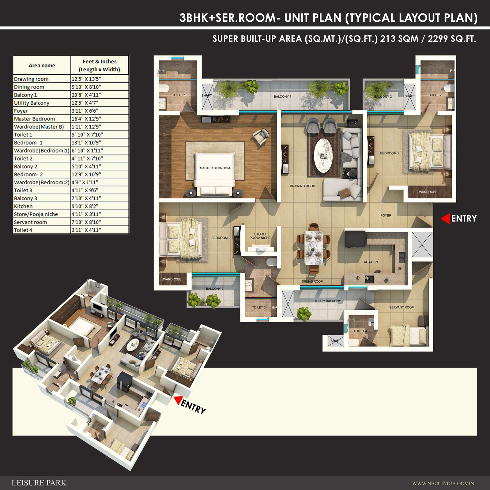 2299 SQ.FT- 3 BHK+SER.ROOM